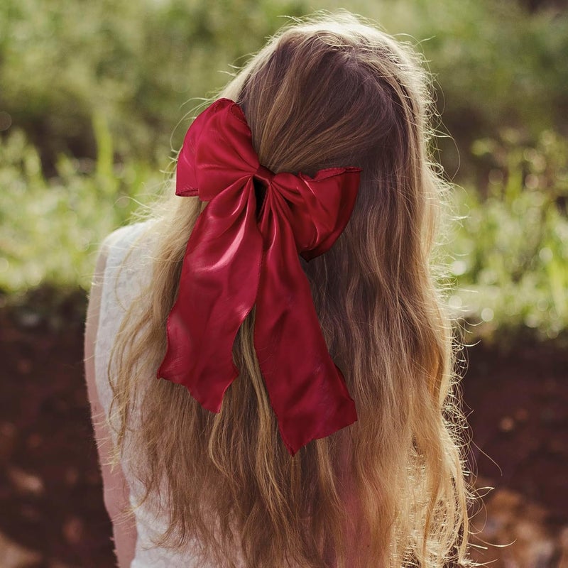 STSTR 2Pcs Large Hair Bow Clips, Silk Yarn Ribbon Bow Hair Barrette for Women, Elegant Long Tail Bowknot French Hair Accessories for Wedding, Parties, Festivals (Red) - Image 5